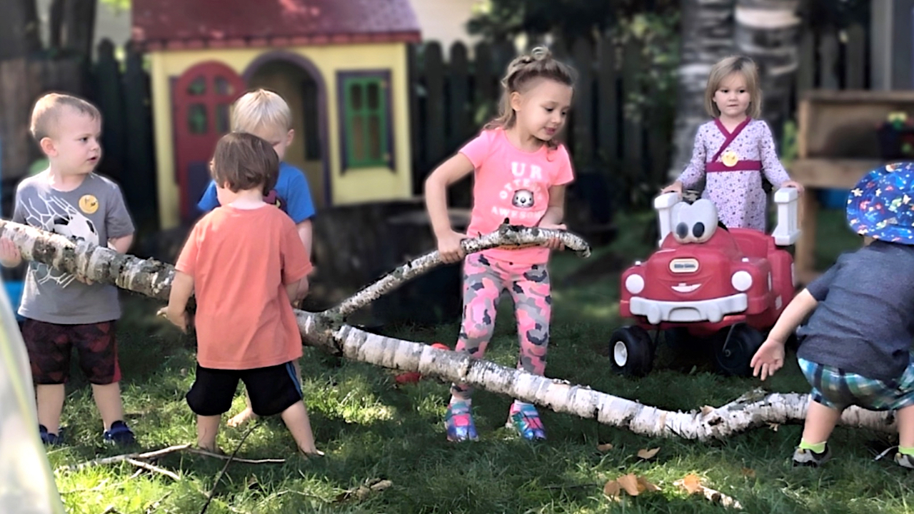 Child Care Safety - Five Children Moving a Large Branch while Another Looks On